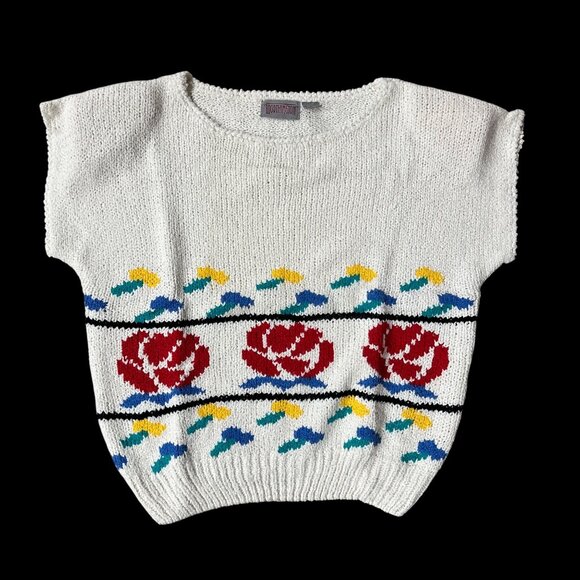 Vintage White Knit Sweater 1980s Worthington Red Rose Shoulder Pads Size L Korea - Picture 2 of 7